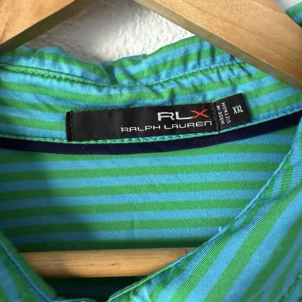 RLX Ralph Lauren Polo Shirt Mens 2XL Green Blue Striped Golf Short Sleeve